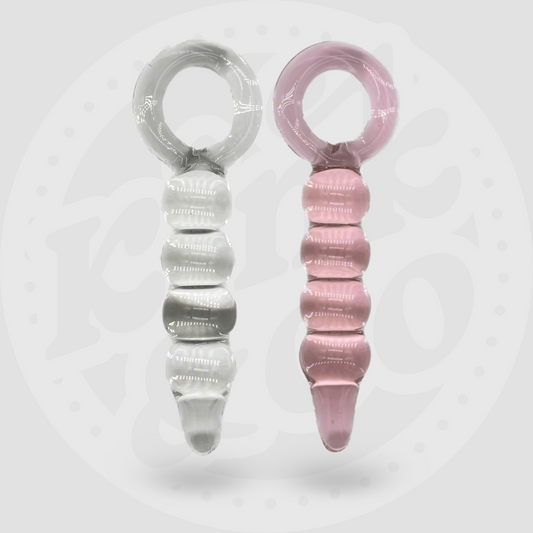 Clear or Pink Glass Anal Beads with O-Ring Handle