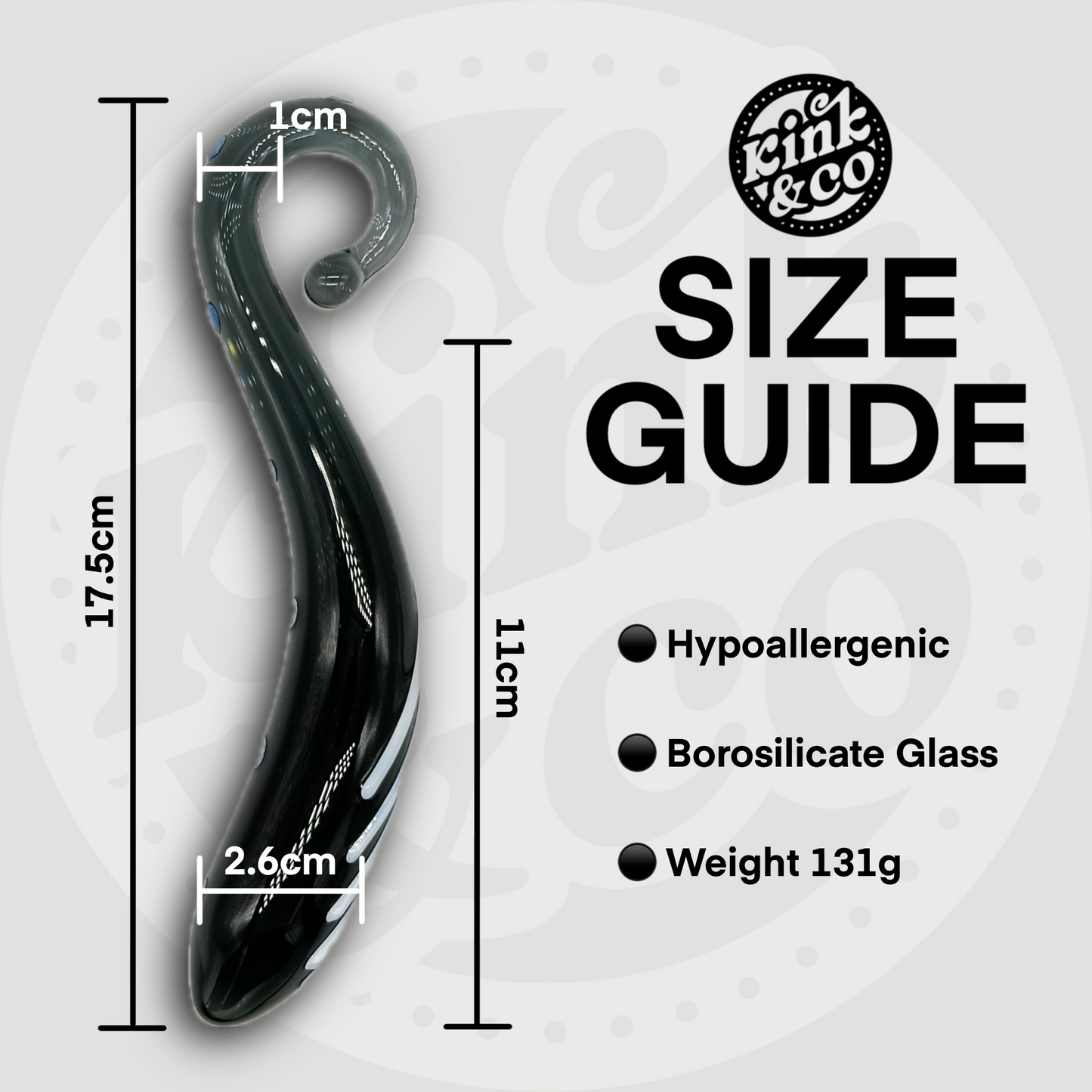 Full side view of a black and white sex toy made from borosilicate glass. Size guide showing hight, width and weight of the toy