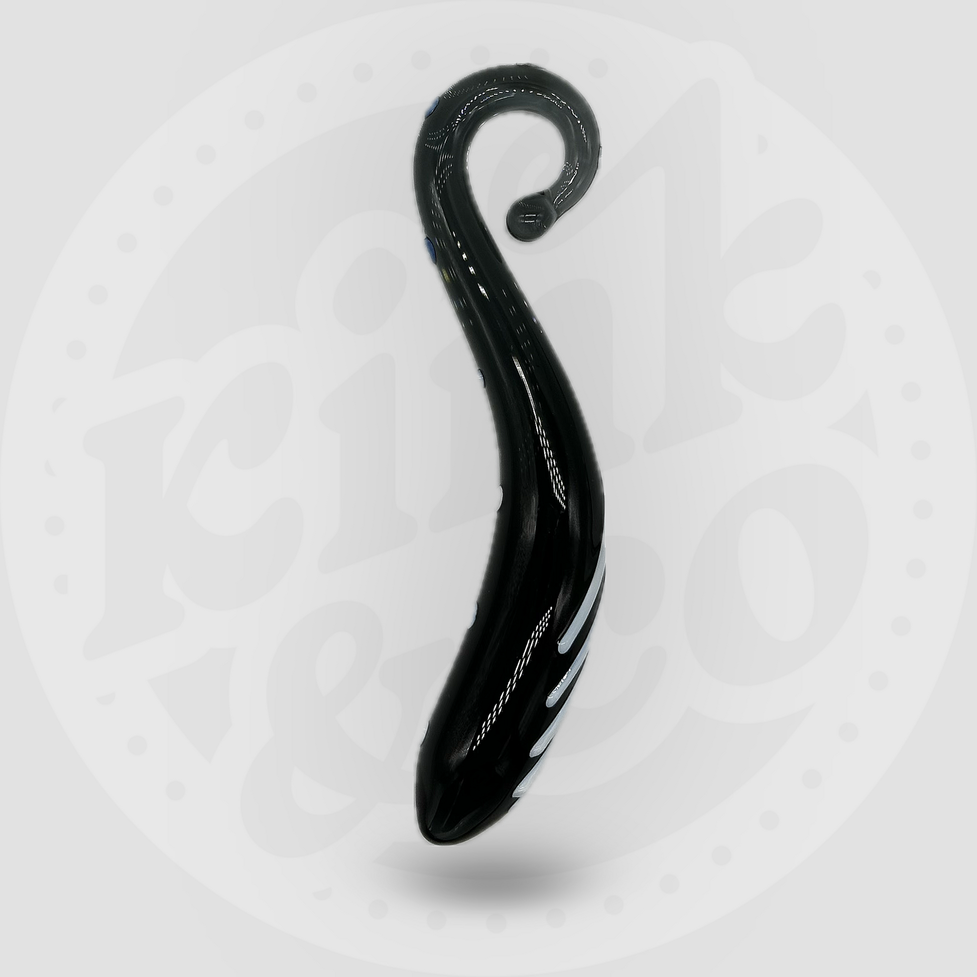 Black borosilicate glass dildo with white raised lines and bumps down the body. On a white and grey background of the kink and co logo