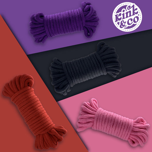 4 brightly coloured rope tied up on backgrounds that represent their colour. Pink, red, black, purple. The Kink&Co logo in the top right