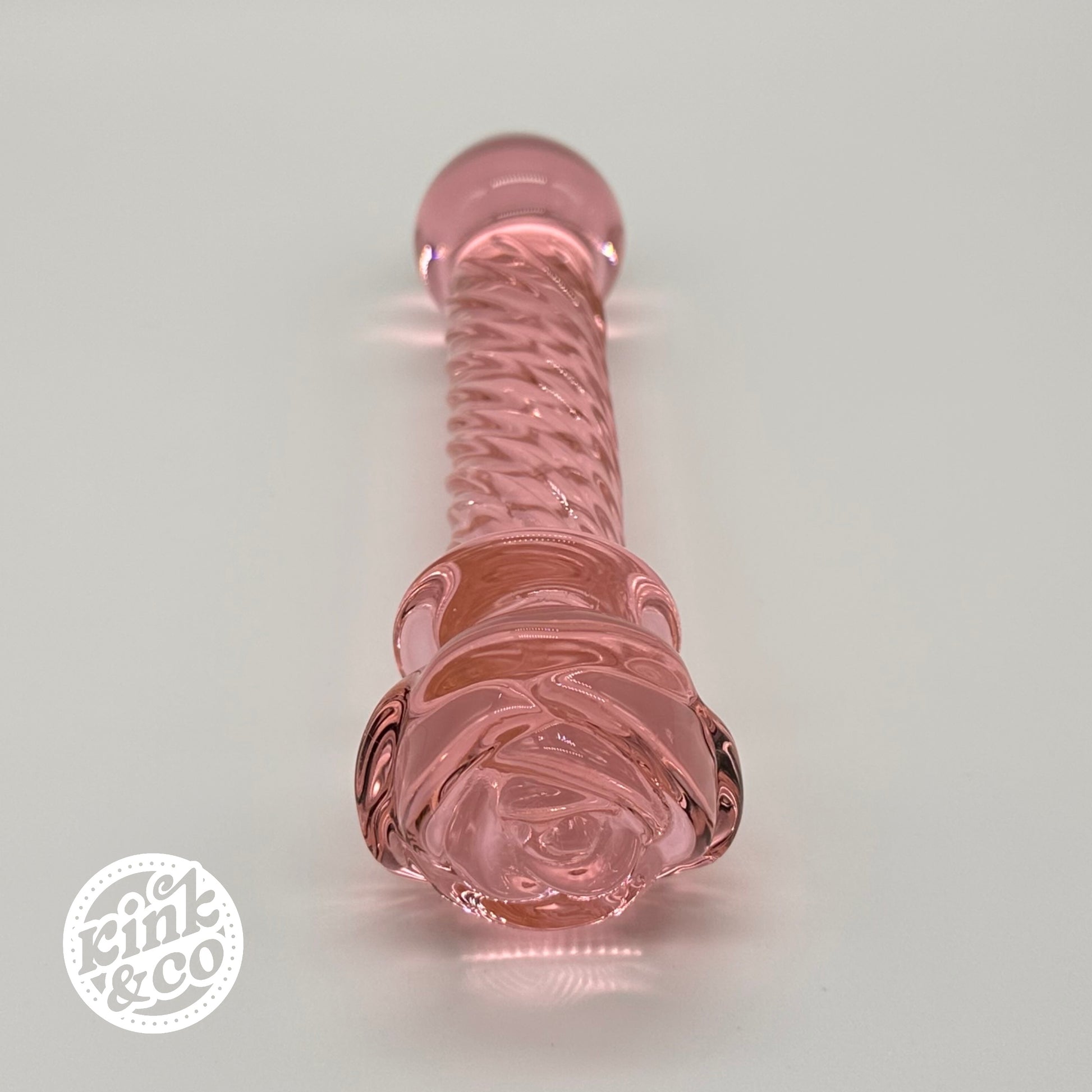 Top of Glass Dildo Pink Rose With Spiral Ridged Body - By Kink&Co